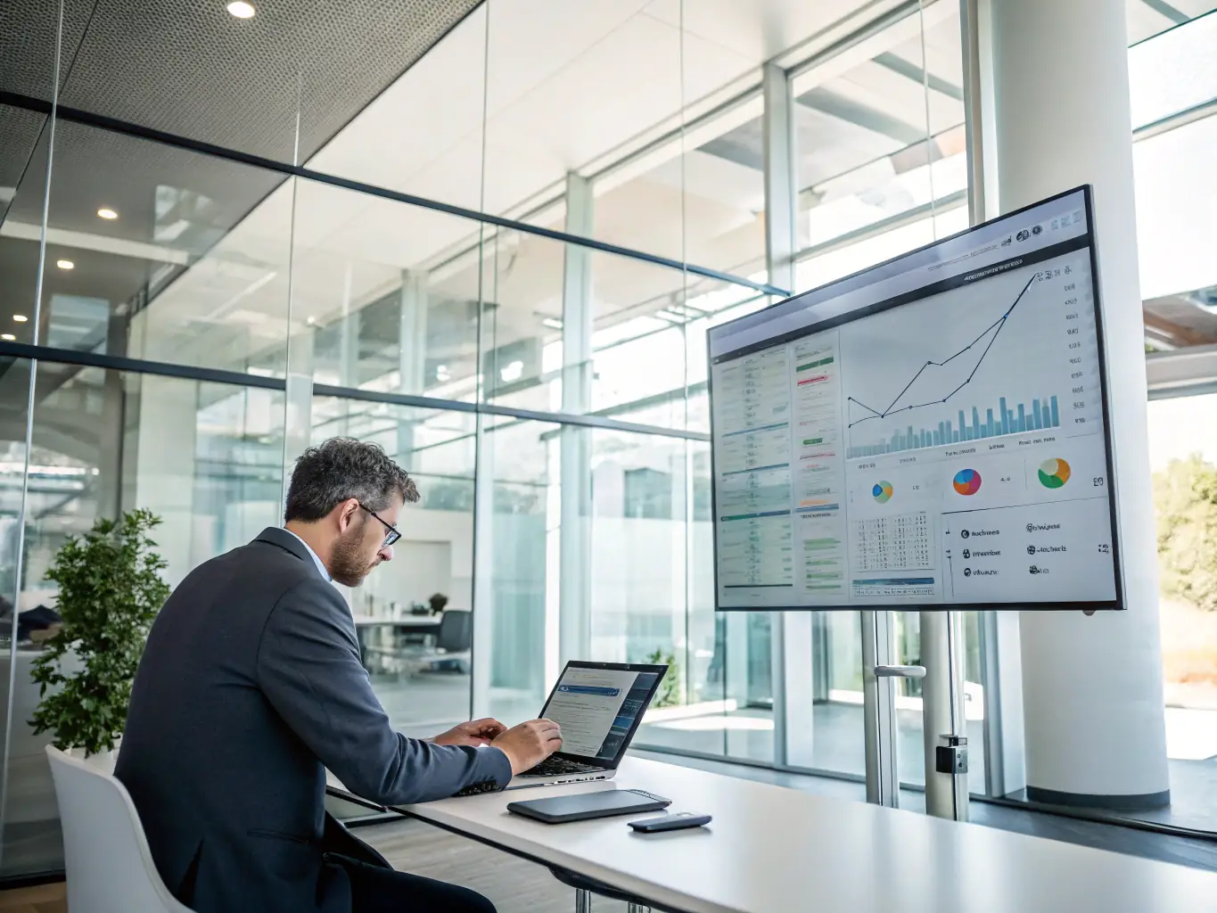 A consultant in a modern office setting, analyzing data on a holographic display, representing strategic agility consulting.