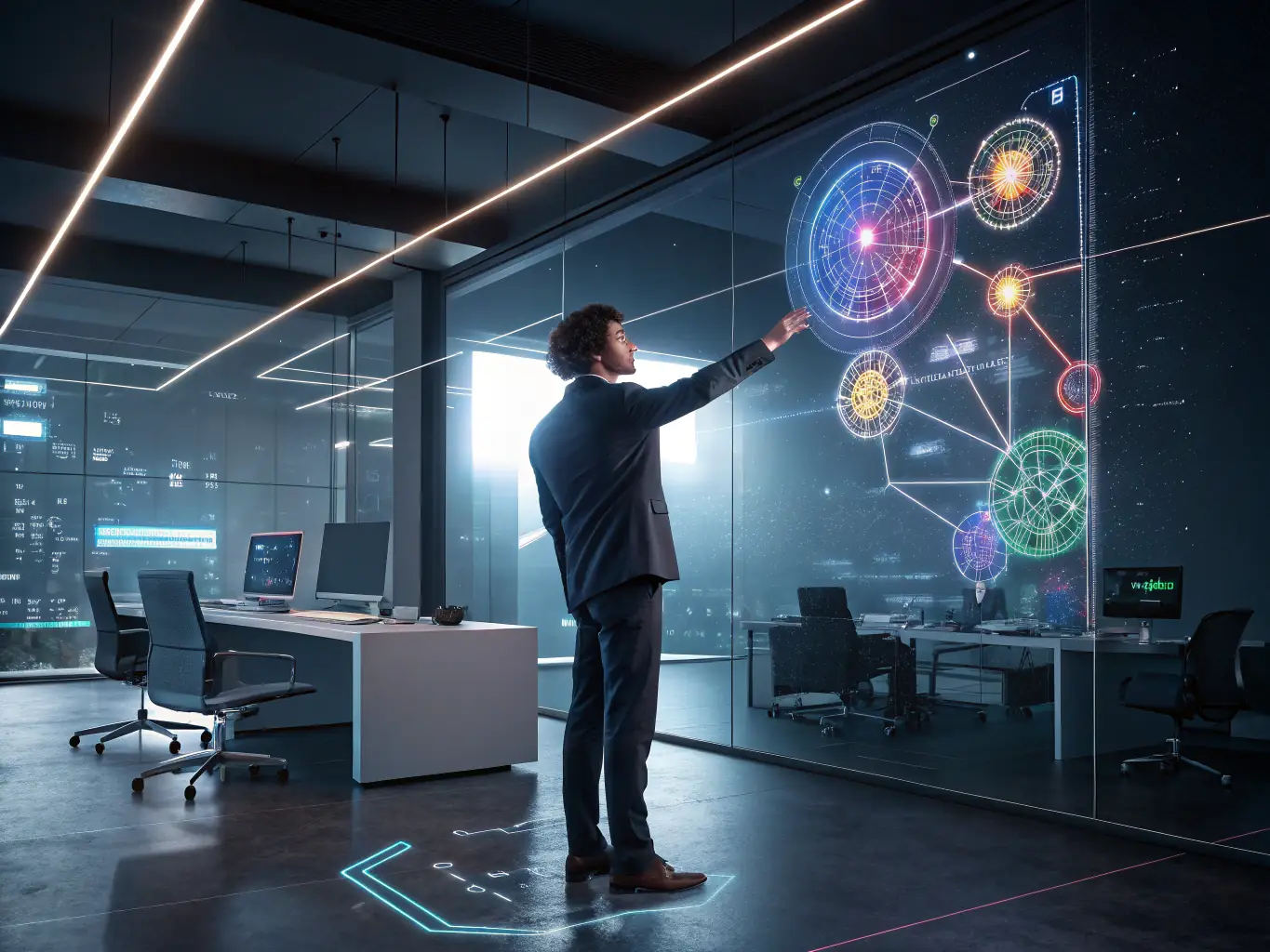 A consultant presenting a holographic model of a resilient network to a client, representing resilience network consulting.
