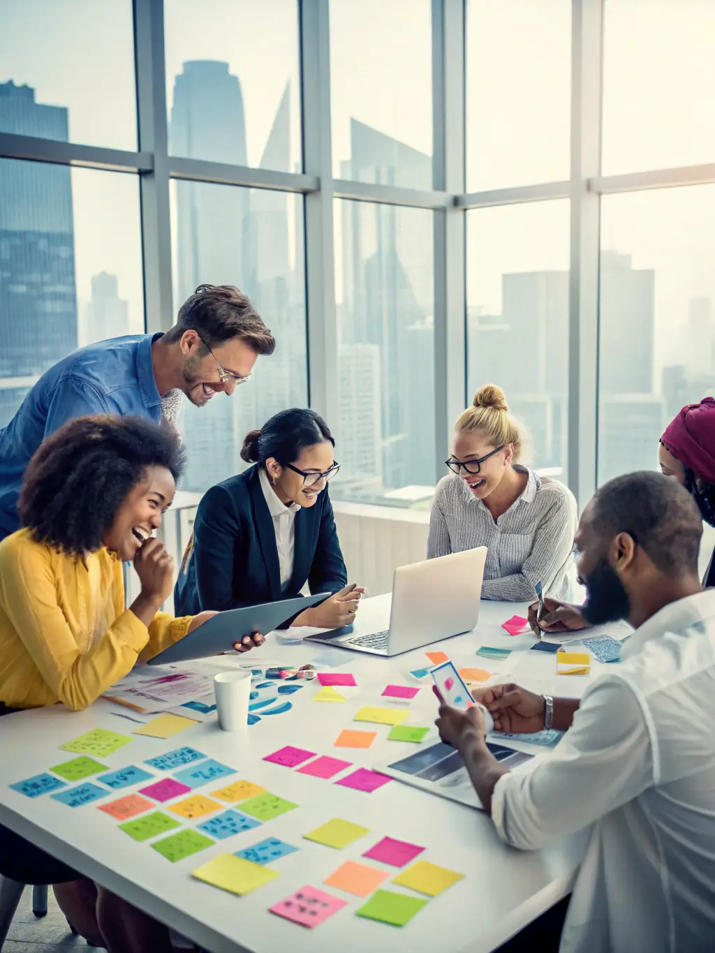 A consultant working with a team in a modern office setting, discussing strategies on a whiteboard. The team is diverse and engaged, reflecting a collaborative environment.