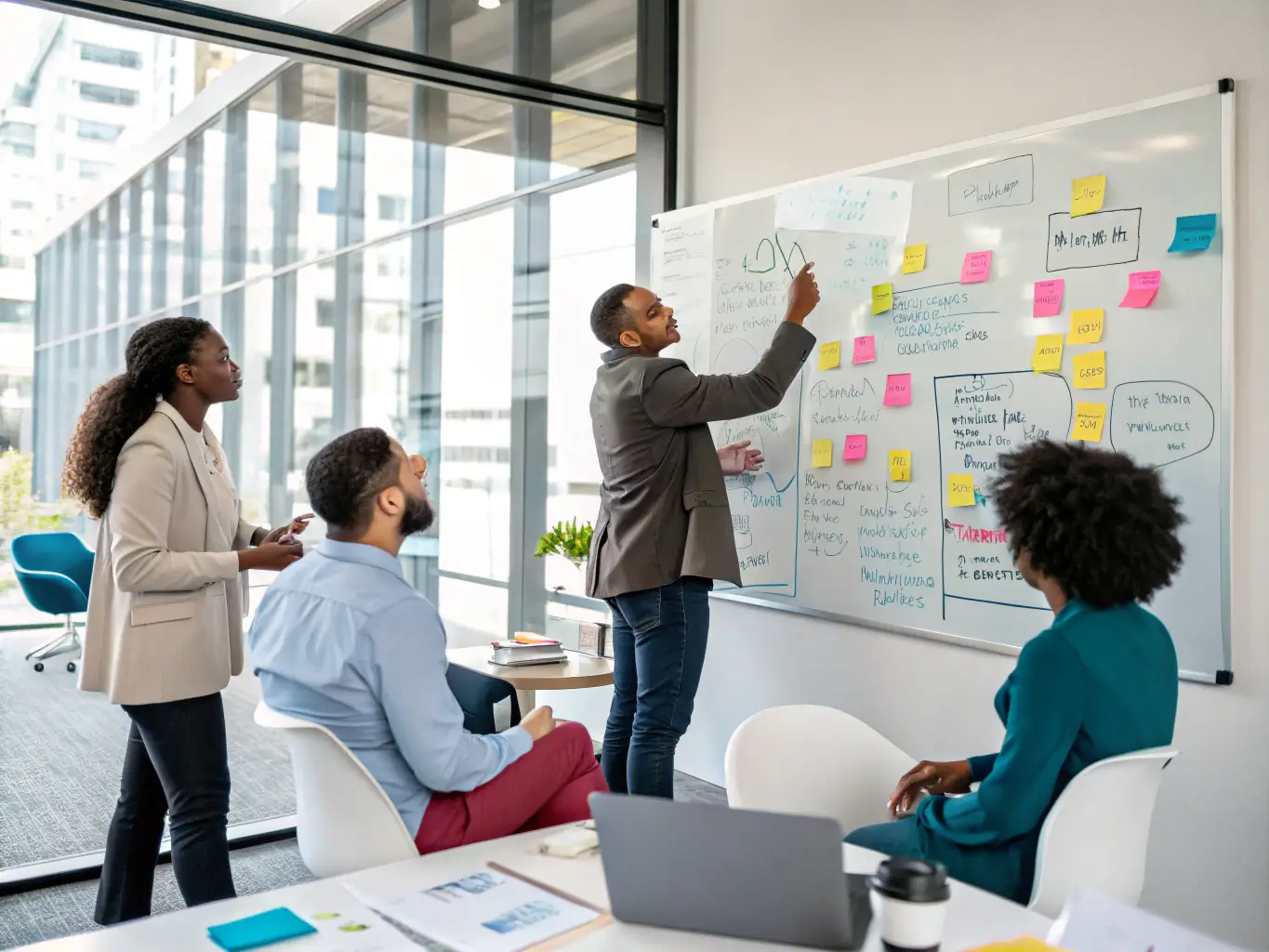 A team of consultants collaborating around a digital whiteboard, brainstorming innovative solutions for a client, representing network intelligence consulting.